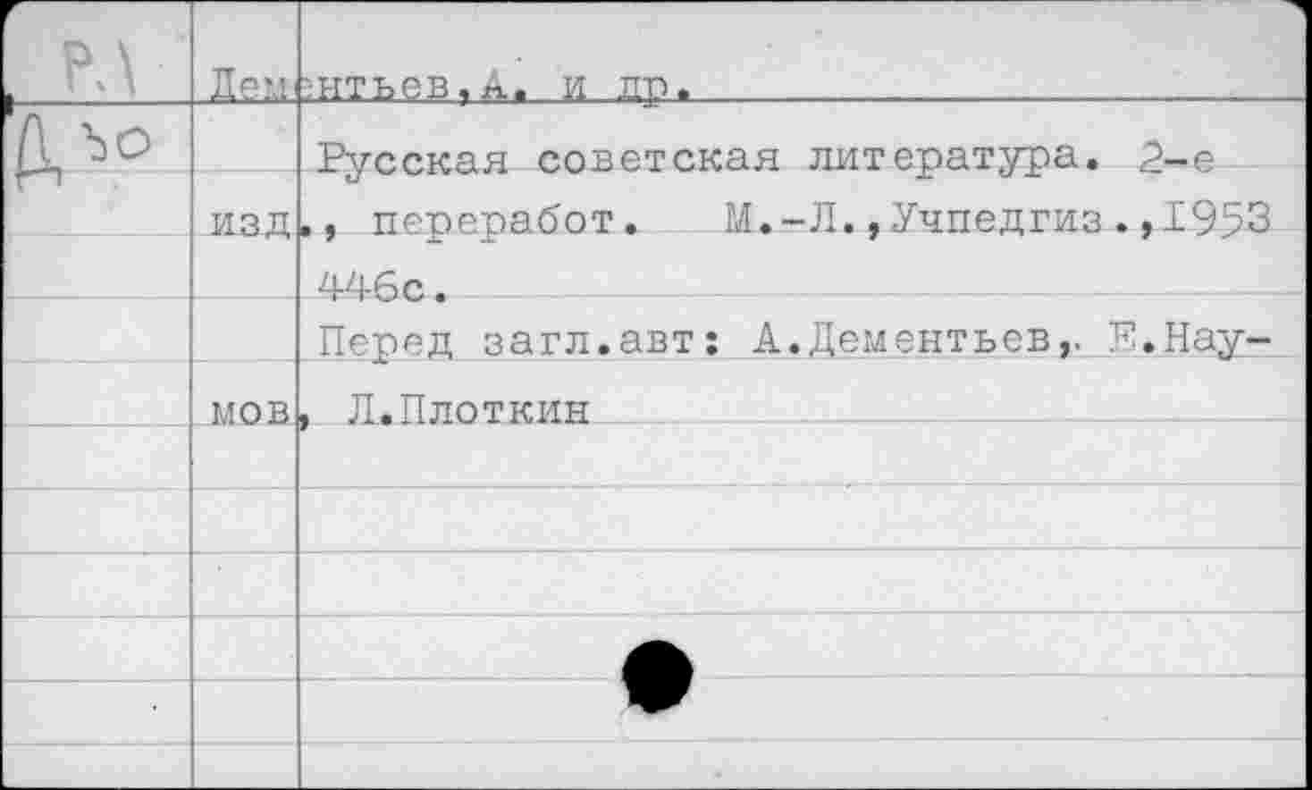 ﻿	Лем	;НТЬвВ?А, и др >	
	изд	Русская советская литература. 2-е ., переработ. М.-Л.,Учпедгиз.,1953
		446с.
		Перед загл.авт: А.Дементьев,. Е.Нау-
	МОБ	, Д.Плоткин
		
		
		
		
		
		